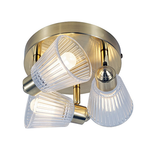 This vintage style 3 light bathroom ceiling light is beautifully designed in satin brass with ribbed glass shades. It also comes in 1 & 3 light wall lights.