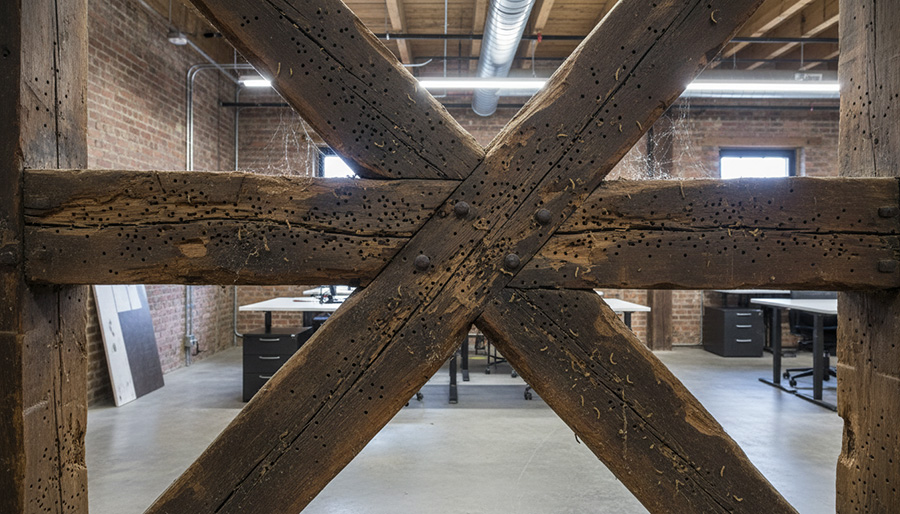 Woodworm on Beams in an Office Building