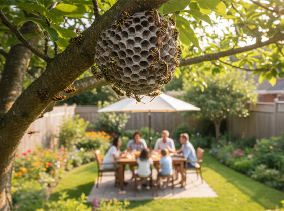Wasps On a tree with people in the garden